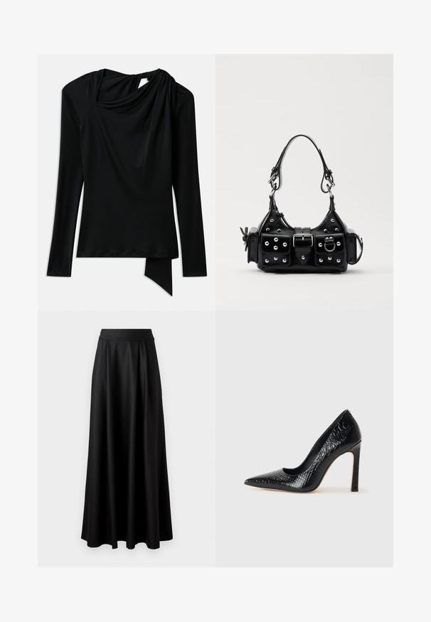 Top preto de manga comprida feito de um tecido liso, com um decote drapeado, barra assimétrica e um detalhe recortado nas costas.; Saia preta, até ao chão, com uma textura suave, faixa larga na cintura e design plissado, apresentando nenhum padrão ou adornos visíveis.; Sapato de salto alto de bico fino preto com textura de pele de crocodilo, apresentando um design elegante, salto agulha alto e interior preto suave.; Bolsa de couro preta com um design curvado, apresentando tachas prateadas, uma fivela e dois bolsos laterais. Alça ajustável para opções de transporte.