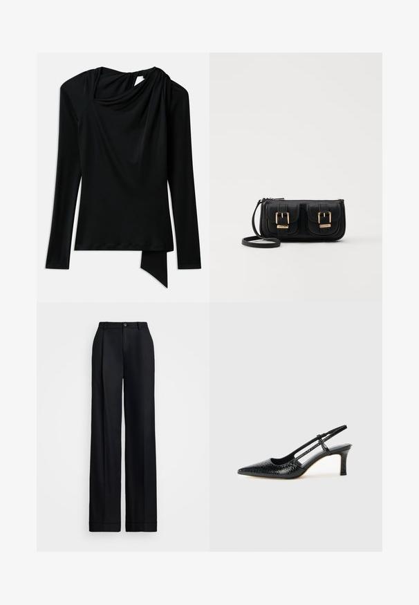 Top preto de manga comprida feito de um tecido liso, com um decote drapeado, barra assimétrica e um detalhe recortado nas costas.; Calças largas pretas com um acabamento suave, frente plana, passantes para cinto e fecho de botão único na cintura.; Salto slingback em patente preta com bico apontado, apresentando um padrão de pele de cobra texturizado, tira ajustável e um salto bloco curto e texturizado.; Bolsa de ombro em couro preto com dois bolsos frontais, fivelas douradas, fecho de zíper e uma alça fina. Superfície texturizada e forma retangular compacta.