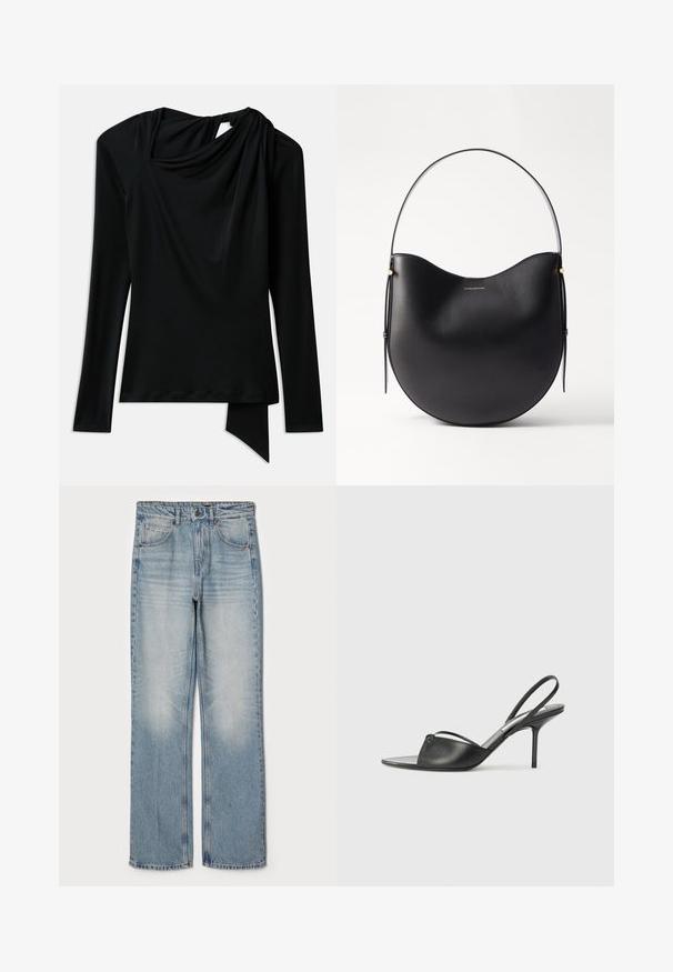 Hosszú ujjú fekete felső sima anyagból, drapírozott nyakkivágással, aszimmetrikus szegéllyel és kivágással a háton.; Világoskék farmernadrág, egyenes szabású, magas derékkal, öt zsebes kialakítással, finom kopással a combokon és a térdeken.; Fekete bőr, hátsó pántos, hegyes orrú magassarkú cipők vékony bokapánttal és stiletto sarkukkal. Az orrban csomózott részlet található.; Fekete bőr válltáska ívelt formával, vékony fogantyúval és finom arany részletekkel. Simából textúra, minimalista dizájnnal.