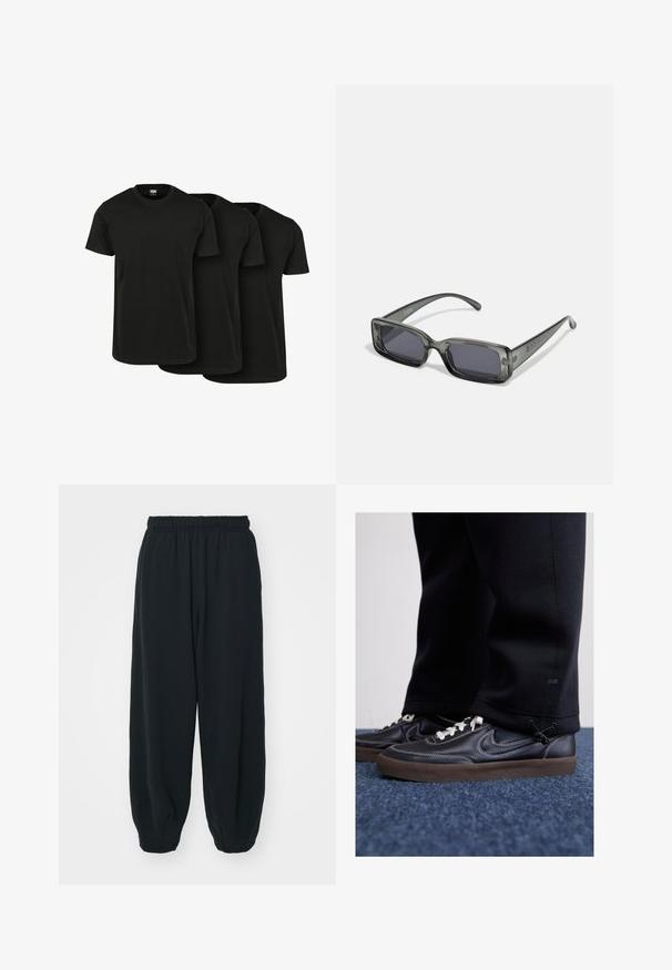 Kolm musta puuvillast T-särki lühikeste varrukatega, ümar kaelus ja sile tekstuur, on kuvatud kattuvana. Pole nähtavaid mustreid ega logosid.; Mustade elastse vöökoha ja laia lõikega dressipüksid, mansetiga sääred, sile tekstuur ning ilma nähtavate mustrite või detailideta.; Nike Sportswear KILLSHOT 2 LTR PRM OPP2 - Tossud - black sail baroque brown mtlc dk grey; Neljakulmad prillid, millel on läbipaistev tumehall raam, tumedad läätsed ja kitsad sangad. Raamil on märkimisväärne logo.