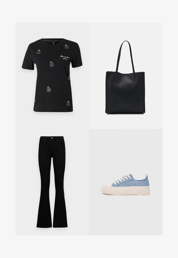 Black t-shirt made of cotton featuring a round neckline, short sleeves, and scattered sequin-embellished handbag designs.; Black high-waist jeans with a button and zip closure, front pockets, and flared legs laid flat on a white background.; Light blue canvas sneakers with a cream rubber toe cap and outsole, featuring white laces and a pull tab on the heel.; Black leather tote bag with smooth texture, rectangular shape, and two long handles. No visible hardware or embellishments.