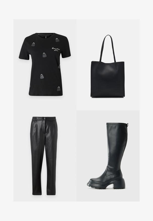 Melna kokvilnas T-kreklu ar apaļu kakla izgriezumu, īsām piedurknēm un izkaisītiem sekuiniem rotātiem somu dizainiem.; Melni ādas bikses ar gludu tekstūru, taisnu piegriezumu, elastīgu jostasvietu un priekšējo pogu aizdari; ar krokām un sašaurinātām kājām.; Augstas melnas ādas zābakus ar masīvu platformu un bloka papēdi, ar vilkšanas cilpu un strukturētu profilu uz ārējā zoles.; Melnas ādas somiņa ar gludu tekstūru, taisnstūra formu un divām garām rokturiem. Nav redzamu aparatūras vai rotājumu.