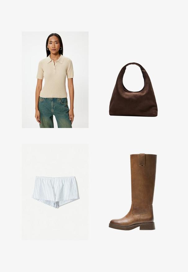 Beżowa polo z prążkowanej tkaniny, z kołnierzykiem typu spread, krótkimi rękawami i pięcioma guzikami. Noszona z wyblakłymi niebieskimi spodniami typu wide-leg.; Białe szorty z niebieskimi paskami, elastyczny pasek w talii i luźny krój. Posiadają detal w postaci guzika z przodu, miękka tekstura materiału.; Brązowe skórzane wysokie buty do kolan z okrągłym noskiem, teksturowaną powierzchnią i niskim piętrem o warstwowej budowie. Posiadają boczną wstawkę oraz pętelkę na górze.; Miękka, brązowa torebka w stylu hobo z jedną szeroką rączką i wyprofilowanym otwarciem, wyeksponowana na białym tle.