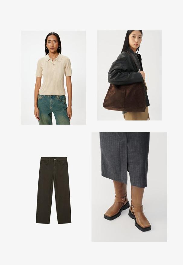 Beżowa polo z prążkowanej tkaniny, z kołnierzykiem typu spread, krótkimi rękawami i pięcioma guzikami. Noszona z wyblakłymi niebieskimi spodniami typu wide-leg.; Ciemnozielone spodnie dżinsowe typu wide-leg wykonane z mieszanki bawełny, z zamkiem na guzik z przodu, pięcioma kieszeniami i klasycznym przeszyciem dżinsowym.; Brązowe skórzane kozaki do kolan z kwadratowym noskiem, czarną gumową podeszwą i regulowanym zapięciem. Noszone z szarym spódnicą w prążki.; Brązowa zamszowa torba typu tote o szerokim kształcie i miękkiej teksturze, z pojedynczym uchwytem i minimalnym wykończeniem na neutralnym tle.