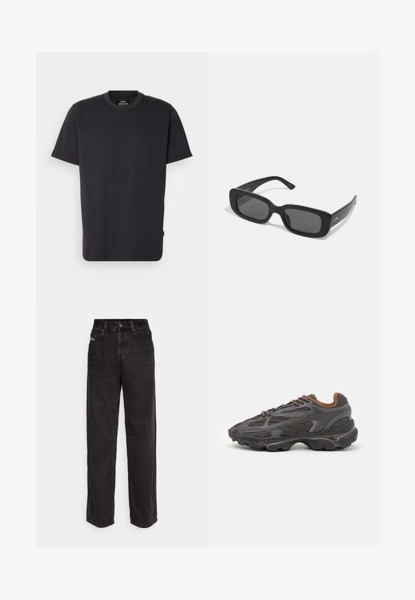 Schwarzes Baumwoll-T-Shirt mit Rundhalsausschnitt und kurzen Ärmeln, gerade geschnitten und mit minimaler Markenkennzeichnung am Hals.; Schwarze Jeans-Breitbeine mit hoher Taille, vorderem Knopfverschluss, zwei seitlichen Taschen und dezenten Steppdetails.; Lacoste Sneaker in Dunkelgrau aus Mesh und Synthetikmaterial, mit einer strukturierten Sohle und braunen Akzenten am Kragen und Logo.; Schwarze rechteckige Sonnenbrille mit dunklen Gläsern, glatten Kunststoffrahmen und breiten Bügeln. Dezente Markenkennzeichnung an der Seite.