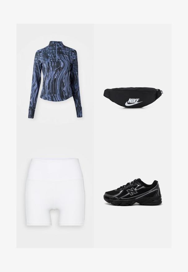 Langärmliges Sportoberteil in Dunkelblau mit lila marmoriertem Muster, ausgestattet mit einem hohen Kragen und einem halben Reißverschluss. Glatter, dehnbarer Stoff.; Weiße, hochtaillierte Shorts aus dehnbarem Stoff. Sie verfügen über eine glatte Textur und eine figurbetonte Passform, ohne zusätzliche Muster oder Hardware.; Schwarzer Sportschuh mit Mesh-Obermaterial, silbernen Akzenten, gepolsterter Sohle und Schnürverschluss. Merkmale sind eine abgerundete Zehe und ein strukturiertes Profil.; Schwarze Nylon-Hüfttasche mit Reißverschluss, ausgestattet mit einem großen weißen Nike-Logo. Glatte Textur und ergonomisches Design für einen bequemen Tragekomfort.