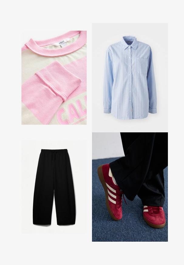 Top a maniche corte con corpo crema e strisce orizzontali rosa. Collo e polsini a costine, con stampa grafica in rosa chiaro.; Camicia blu chiaro con bottoni, a righe verticali, maniche lunghe, una tasca sul petto e un'etichetta con il logo sull'orlo. Tessuto morbido con una texture liscia.; Pantaloni neri a gamba larga con vita elastica e cordoncino. Tessuto morbido con una superficie liscia. Taglio dritto con cuciture laterali.; Sneaker in suede rosso con strisce bianche, design con lacci e suola in gomma marrone testurizzata. Indossato con pantaloni neri, su un tappeto blu.