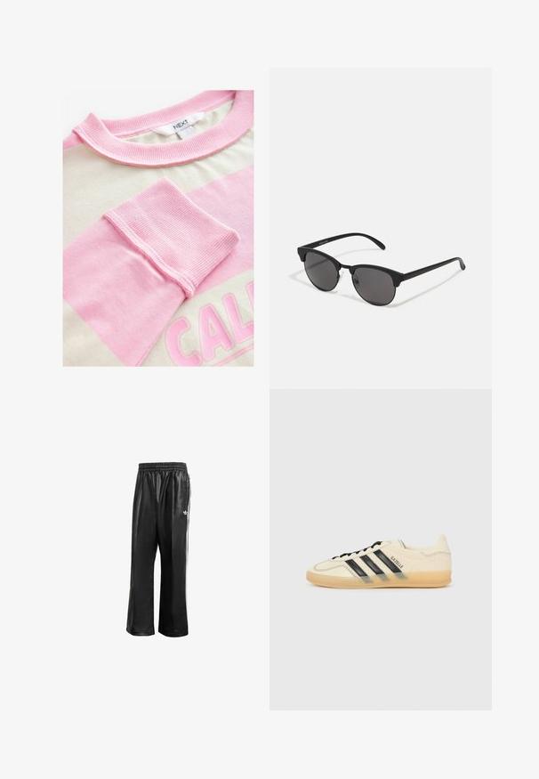 Camiseta de manga corta con un cuerpo color crema y rayas horizontales rosas. Cuello y puños acanalados, con un estampado gráfico en rosa claro.; Pantalones de chándal sintéticos negros con cinturilla elástica, que presentan rayas laterales blancas y un pequeño logo blanco en la cadera izquierda.; Zapatillas de deporte de color crema claro con diseño de tres rayas negras, parte superior texturizada, punta redonda y suela de goma. Incluye cordones y logotipo en el lateral.; Gafas de sol negras con lentes redondos, acabado mate y una distintiva forma de ojo de gato. Patillas delgadas con un sutil branding en la patilla izquierda.