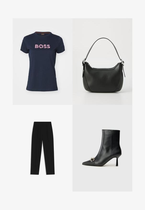 BOSS Print T-shirt - dark blue; Black trousers with a straight fit, featuring double pleats, a smooth texture, and a classic waistband design. No visible hardware or accents.; Black leather ankle boot with pointed toe, slim mid-height heel, and silver buckle detail on side against plain background.; Black leather handbag with a curved shape, silver zipper, and a short handle. Features a subtle logo on the front and smooth texture.