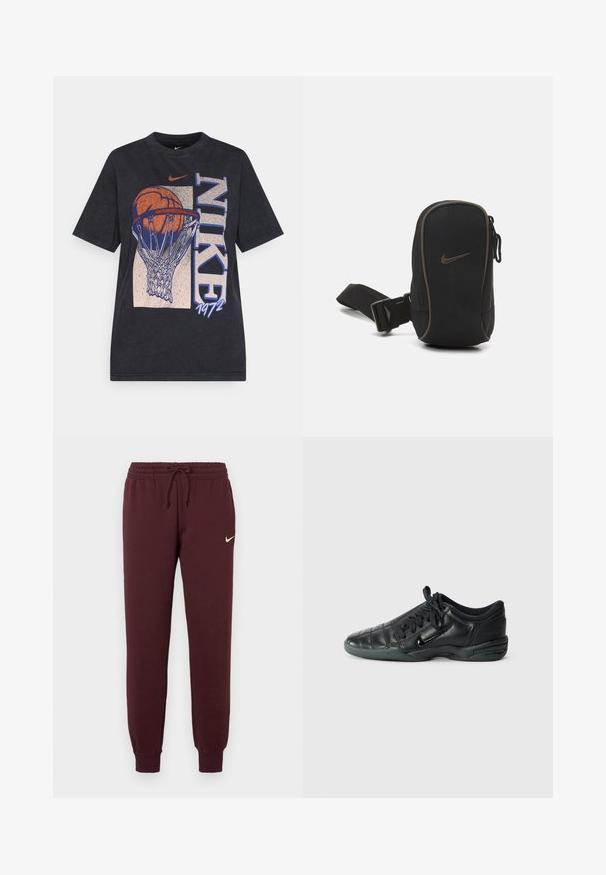 Zwarte katoenen t-shirt met een grafische afbeelding van een basketbal in een net, met de teksten "NIKE" en "1972". Korte mouwen en een ronde hals.; Bordeauxkleurige trainingsbroek met elastische taille en koord. Heeft ribgebreide boorden en een klein wit Nike-logo op de linkerdij. Soepele textuur.; Zwarte leren sportschoen met een gequilt ontwerp, ronde neus, vetersluiting aan de voorkant en rubberen zool. Heeft subtiele branding aan de zijkant.; Zwarte Nike pouch met ritssluiting, gestructureerde stof, bruine accenten en een afneembare schouderband. Voorzien van een opvallend Nike-logo aan de voorkant.