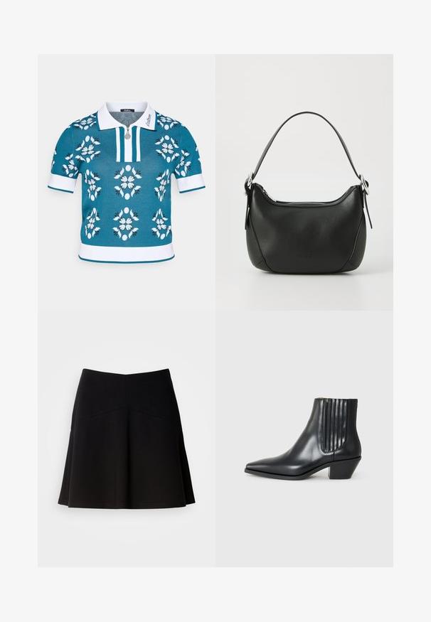 Turkusowa dzianinowa koszulka polo z białymi akcentami, z przodu na zamek, z kwiatowym wzorem w bieli, jasnym niebieskim i czarnym. Krótkie rękawy z ribbowymi mankietami.; Czarna spódnica rozkloszowana wykonana z miękkiego materiału, z dopasowanym pasem i detalami szwów. Gładka faktura o prostym, klasycznym wzorze.; Czarne skórzane botki za kostkę z wysmuklonym noskiem, elastycznymi bocznymi panelami z pionowymi rowkami oraz niskim blokowym obcasem. Gładka tekstura i elegancki design.; Czarna skórzana torebka o zaokrąglonym kształcie, z srebrnym zamkiem błyskawicznym i krótkim uchwytem. Posiada subtelne logo z przodu i gładką teksturę.
