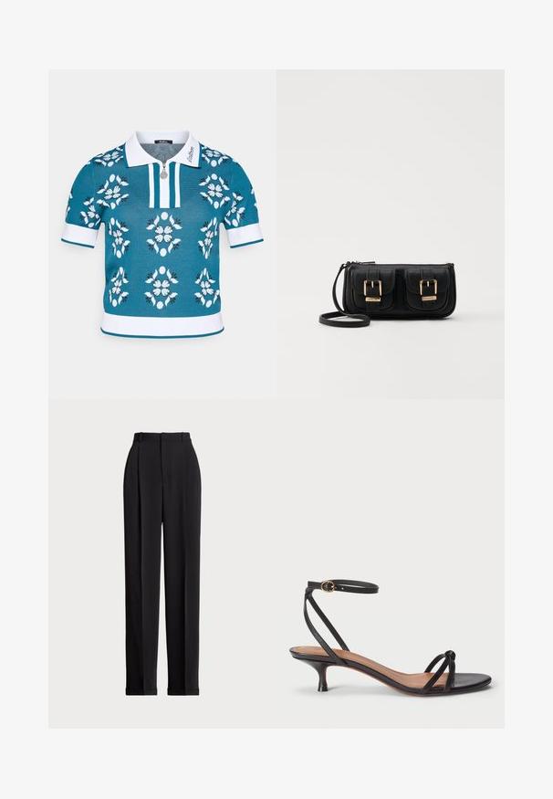 Tirkīza adīta polo krekla ar baltajiem akcentiem, priekšējā rāvējslēdzēja un ziedu rakstu baltā, gaiši zili un melnā krāsā. Īsas piedurknes ar ribotām aprocēm.; Melnas piegriezuma bikses ar augstu jostasvietu, priekšā ar krokām, taisna kāju dizains un ar aprocēm. Izgatavotas no gludas auduma.; Polo Ralph Lauren LEATHER KITTEN-HEEL SANDAL - Klasiski papēži - black; Melnas ādas crossbody soma ar divām priekšējām kabatām, zelta sprādzēm, ar rāvējslēdzēju aizdari un šauru siksnu. Strukturēta virsma un kompakta taisnstūra forma.