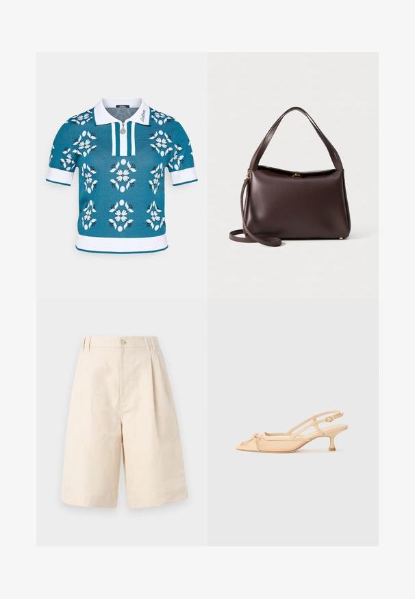 Tirkizna pletena polo majica s bijelim detaljima, prednjim patentnim zatvaračem i cvjetnim uzorkom u bijeloj, svijetloplavoj i crnoj boji. Kratki rukavi s rebrastim manžetama.; Bež lanene kratke hlače s opuštenim krojem, koje imaju zatvaranje na dugme, nabran dizajn i dužinu do koljena. Glatka tekstura i jednostavan stil.; Stuart Weitzman KITTY - Klasične cipele s visokom petom - beige/barely beige; Smeđa kožna torba s strukturiranim oblikom, s jednim gornjim ručkom i odvojivim remenom za rame. Detalji od zlatnog metala.