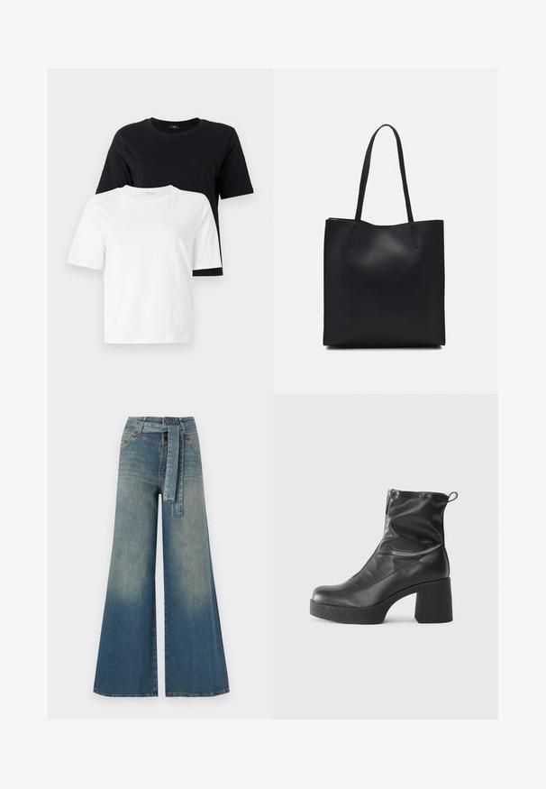 Melni un balti kokvilnas T-krekli. Apaļš kakls, īsas piedurknes, brīva piegriezuma. Melnais krekls ir novietots virs baltaa krekla.; Platām kājām džinsu bikses ar gaismas līdz tumši zilam gradientam, augstu jostas līniju, jostas cilpām un atbilstošu auduma jostu. Tekstūrēts džinsas apdare.; Melni potītes zābaki, kas izgatavoti no gludas ādas, ar sānu rāvējslēdzēju, masīvu strukturētu papēdi un noapaļotu purngalu.; Melnas ādas somiņa ar gludu tekstūru, taisnstūra formu un divām garām rokturiem. Nav redzamu aparatūras vai rotājumu.