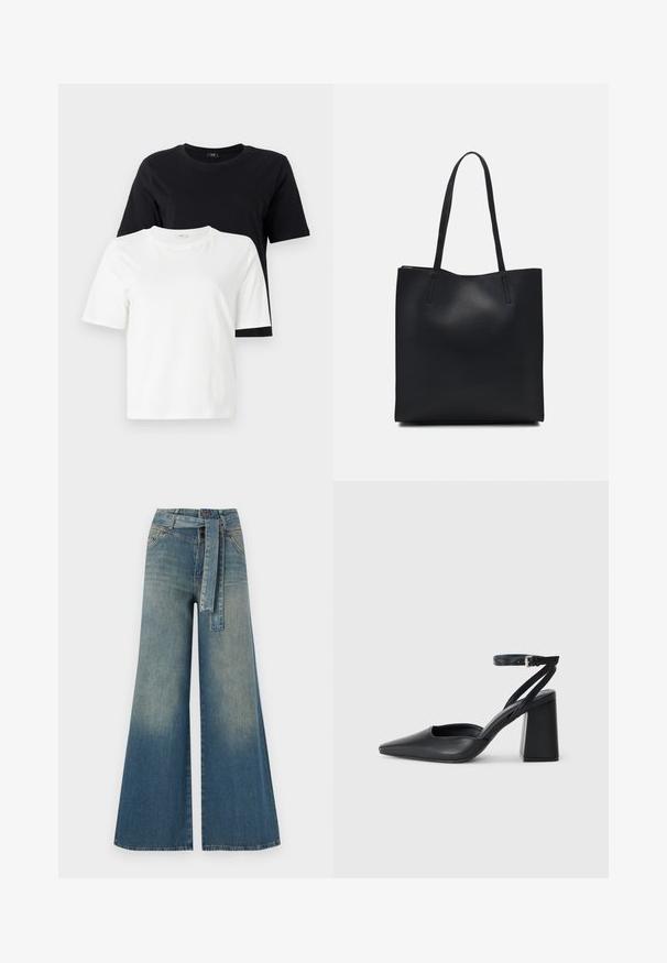 Tricouri din bumbac alb și negru. Guler rotund, mâneci scurte, croială lejeră. Tricoul negru este expus deasupra tricoului alb.; Pantaloni din denim largi, cu un gradient de la albastru deschis la albastru închis, talie înaltă, bucle pentru curea și o curea din același material. Finisaj texturat din denim.; Pantofii cu toc ascuțit din piele neagră, cu breteaua pentru glezne și toc gros. Textură netedă, design elegant și estetică minimală.; Geantă tote neagră din piele, cu textură netedă, formă rectangulară și două mânere lungi. Fără hardware vizibil sau ornamente.