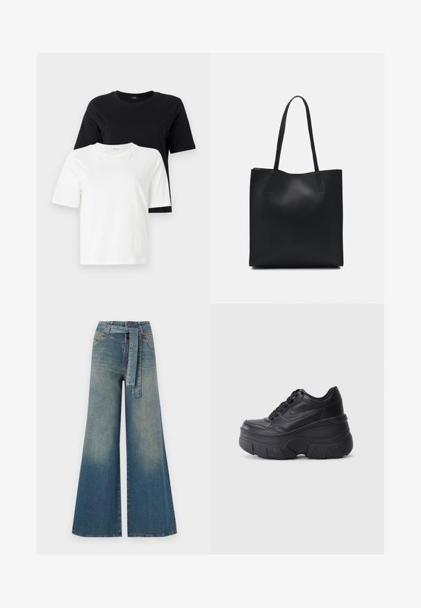 Tricouri din bumbac alb și negru. Guler rotund, mâneci scurte, croială lejeră. Tricoul negru este expus deasupra tricoului alb.; Pantaloni din denim largi, cu un gradient de la albastru deschis la albastru închis, talie înaltă, bucle pentru curea și o curea din același material. Finisaj texturat din denim.; Adidași negri cu șireturi, cu un toc gros, având partea superioară din piele netedă, vârf rotund și un design distinct de platformă stratificată.; Geantă tote neagră din piele, cu textură netedă, formă rectangulară și două mânere lungi. Fără hardware vizibil sau ornamente.