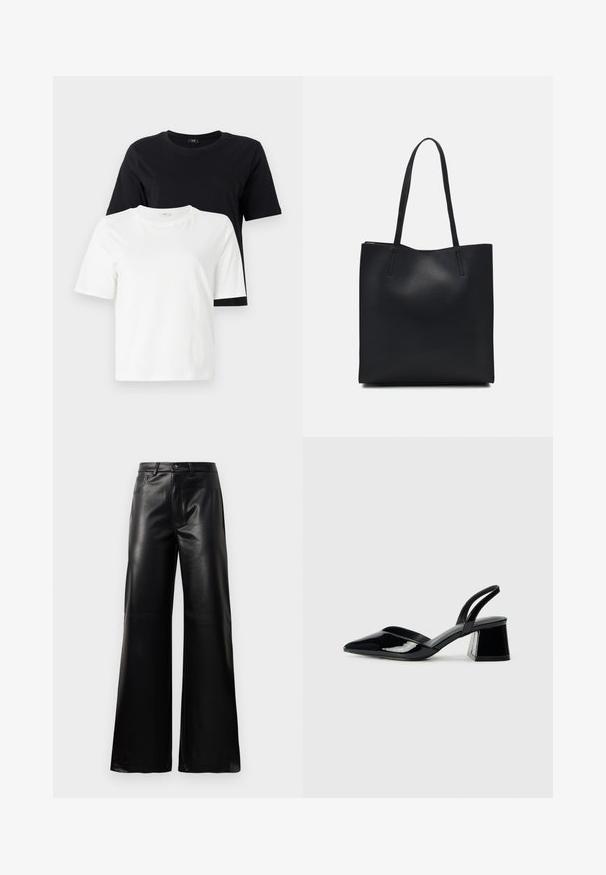 Juodos ir baltos medvilninės marškinėliai. Apvali iškirptė, trumpi rankovės, laisvas kirpimas. Juodi marškiniai rodomi virš baltų marškinių.; Juodos aukšto juosmens plačios kojų dirbtinės odos kelnės su priekiniais mygtukais, užtrauktuku, diržo kilpomis ir šoninėmis kišenėmis ant balto fono.; Juodos lakuotos odinės šlepetės su smailiu pirštu ir geometriniu bloko kulnu. Turi elegantišką, minimalistinį dizainą ir lygų paviršių.; Juodas odinis tote krepšys su lygia tekstūra, stačiakampio formos ir dviem ilgais rankenomis. Matomų metalinių detalių ar puošybos nėra.