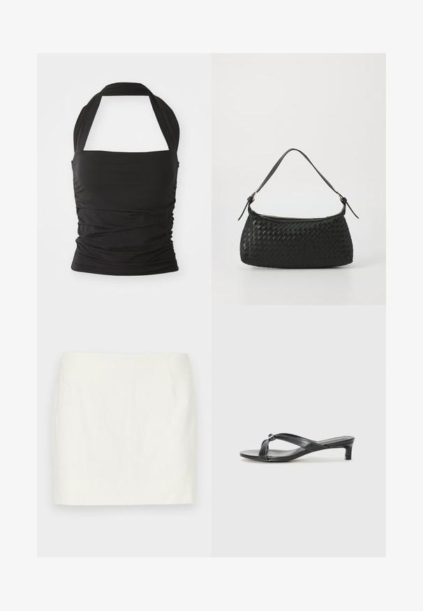 Czarny top na halter wykonany z elastycznego materiału. Posiada marszczone boki oraz solidny, gładki design z szerokim paskiem na szyję.; Jasno kości słoniowej top na halter wykonany z miękkiego materiału, z plisowanym wzorem i ściągniętym w pasie, co tworzy rozszerzany dół. Zawiązywany na szyi.; Biała lniana mini spódnica o prostym kroju, z bocznymi kieszeniami i gładką teksturą. Brak widocznych wzorów lub akcentów.; Czarne sandały na obcasie z krzyżowym wzorem wykonane z gładkiego materiału syntetycznego. Posiadają niski obcas w kształcie bloku oraz dekoracyjny akcent w miejscu łączenia pasków.; Czarna, pleciona torba na ramię z gładkim skórzanym paskiem i zapięciem na zamek. Charakteryzuje się teksturowaną powierzchnią i zakrzywionym kształtem.