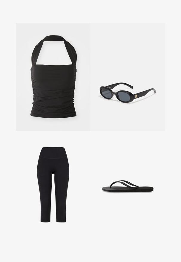 Črn top na halter, izdelan iz raztegljivega materiala. Ima gubano stransko zasnovo in enotno, brezšivno zasnovo z širokim vratnim trakom.; Črne legice do tri četrtine, izdelane iz elastičnega materiala, z visokim pasom in brez vidnih vzorcev ali dodatkov.; Črne natikače z teksturirano gumijasto podlogo, dvema ozkima trakoma in subtilnim, vtisnjenim logom na traku.; Črne ovalne sončna očala s temnimi lečami, sijajnim plastičnim ohišjem, širokimi ročaji in majhnim zlatim naglavkom na eni strani.