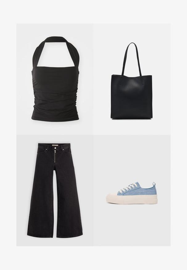 Black halter top made of stretchy fabric. Features gathered side detailing and a solid, seamless design with a wide neck strap.; Wide-leg jeans in black denim with a zippered front, five-pocket design, and subtle stitching details. Smooth texture and casual style.; Light blue canvas sneakers with a cream rubber toe cap and outsole, featuring white laces and a pull tab on the heel.; Black leather tote bag with smooth texture, rectangular shape, and two long handles. No visible hardware or embellishments.
