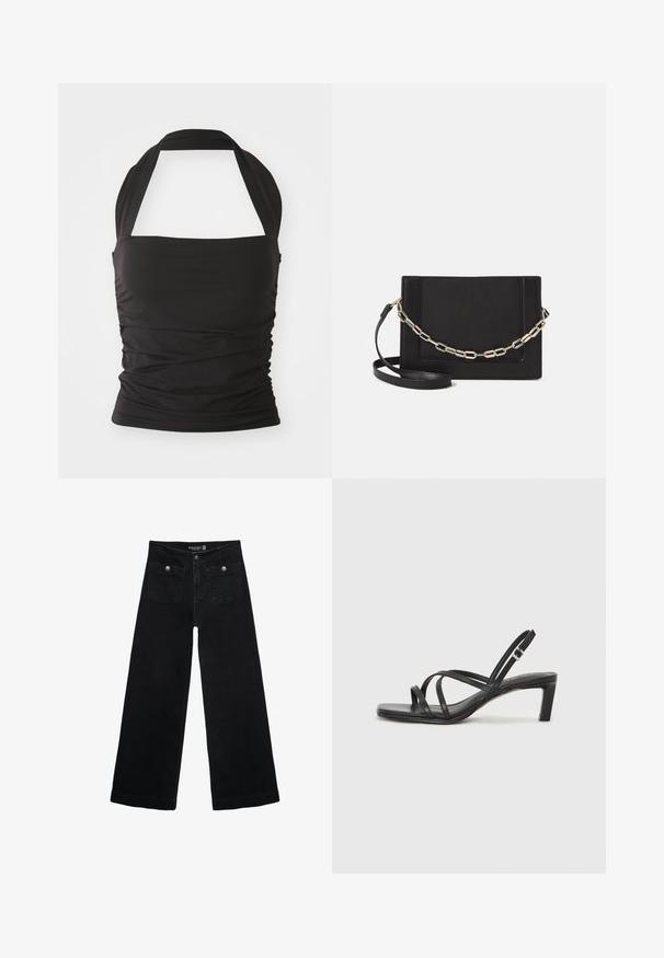 Čierny top na halter vyrobený z elastického materiálu. Má zhromaždené bočné detaily a pevnú, bezšvovú konštrukciu so širokým ramienkom.; Čierne široké nohavice s vysokým pásom, s dvoma prednými vreckami a kovovými detailmi na gombíku. Tkanina má hladkú textúru.; Čierne sandále na vysokom podpätku so štvorcovou špičkou a nízkym blokovým podpätkom. Obsahujú viacero tenkých popruhov a nastaviteľný členkový popruh. Vyrobené z hladkej kože.; Čierna kožená crossbody taška s hladkou textúrou, obdĺžnikovým tvarom a kovovým reťazovým detailom na prednej strane. Súčasťou je nastaviteľný popruh.