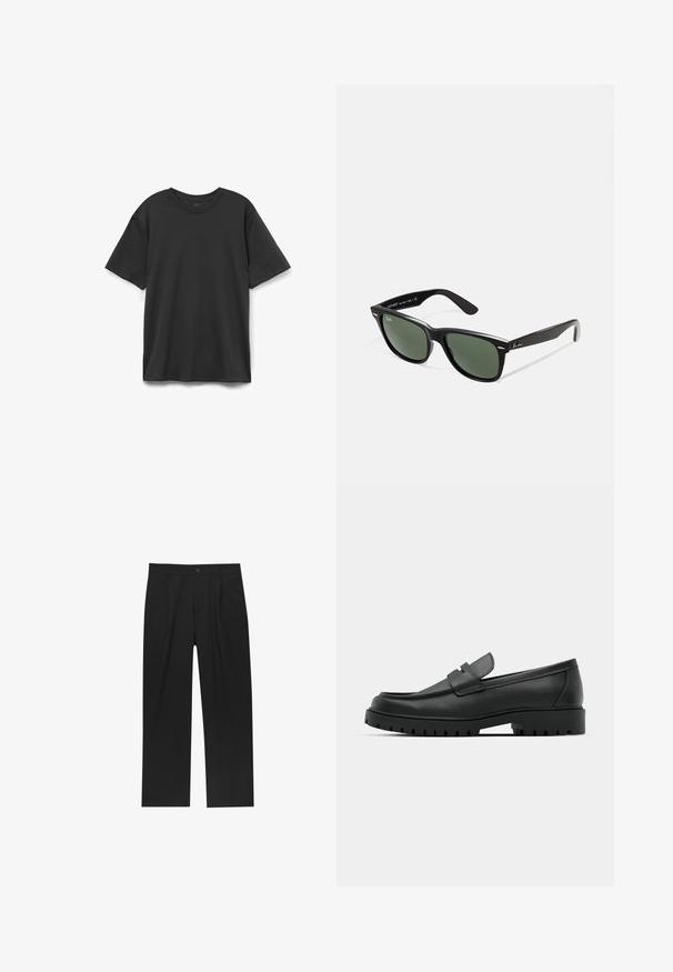 Černé tričko s krátkým rukávem vyrobené z bavlny, s kulatým výstřihem, volným střihem a hladkou texturou, bez vzorů nebo akcentů.; Černé kalhoty s rovnými nohavicemi, vyrobené z hladké tkaniny. Mají přední záhyby a jedno knoflíkové zapínání v pase.; Černé kožené mokasíny s kulatou špičkou, zdobené prošitím, s nízkou platformou a texturovanou gumovou podrážkou s drážkováním.; Černé plastové sluneční brýle se zelenými skly, čtvercové obroučky, stříbrný detail na obočí a texturované stranice. Značka uvedená na vnitřní straně stranic.