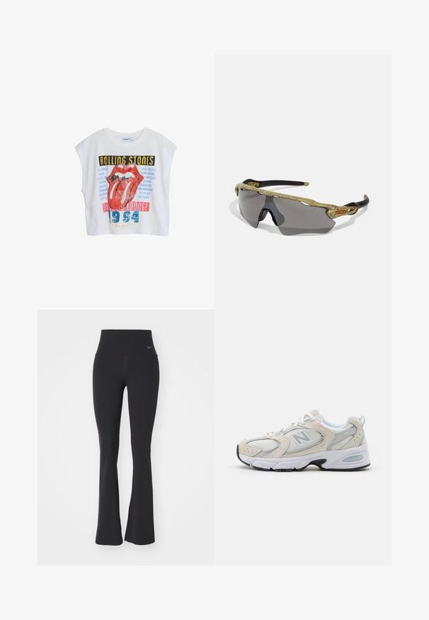 Tricou alb cropt cu grafică The Rolling Stones, având buze roșii, nume de orașe și „1994” în albastru, proiectat cu o croială lejeră și mâneci scurte.; Pantaloni de yoga negri cu talie înaltă, fabricați dintr-un material elastic. Au un design evazat și un mic logo Nike pe talie.; Pantof cu talpă sportivă, având un vârf din plasă gri deschis cu accente din piele nubuc, șireți albi și o talpă din cauciuc negru. Detalii notabile de amortizare ABZORB.; Ochelari de soare sport cu un cadru cu un model verde, brațe negre și lentile gri. Designul prezintă un stil înfășurător cu o formă îndrăzneață și sportivă.