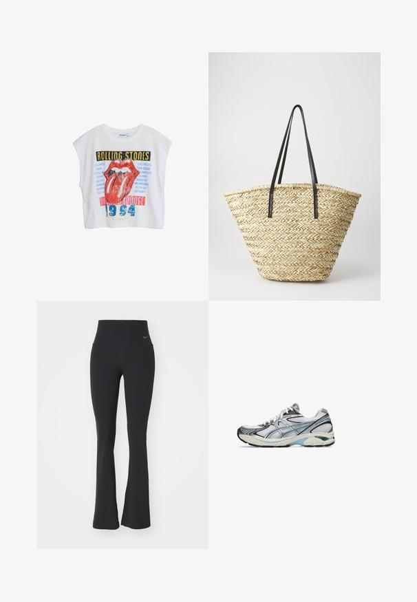 T-shirt bianca corti con grafiche dei Rolling Stones, caratterizzata da labbra rosse, nomi di città e "1994" in blu, progettata con un fit rilassato e maniche a cappuccio.; Leggings neri da yoga con vita alta, realizzati in tessuto elasticizzato. Presentano un design svasato e un piccolo logo Nike sulla vita.; Scarpa da corsa con tomaia in rete di colore bianco e grigio, accentuata da dettagli neri e strisce blu. Suola spessa con trazione in gomma. Design leggero.; Borsa a tracolla in paglia intrecciata con una forma ampia e affusolata, dotata di due manici in pelle nera. Colore beige naturale con una superficie texture.