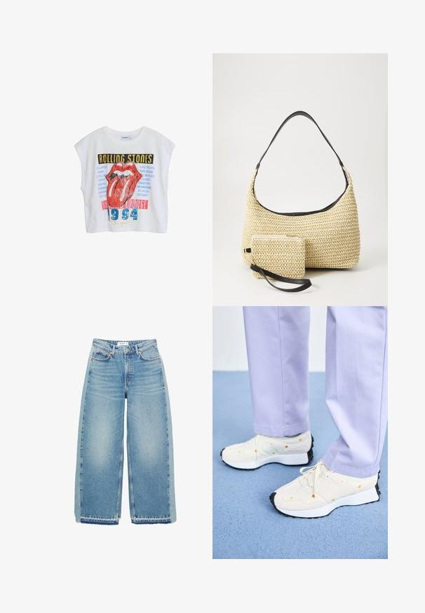 T-shirt bianca corti con grafiche dei Rolling Stones, caratterizzata da labbra rosse, nomi di città e "1994" in blu, progettata con un fit rilassato e maniche a cappuccio.; Jeans azzurri a gamba larga realizzati in denim, con vita alta, chiusura con bottone, tasche anteriori e orlo grezzo.; Sneaker bianche con suole nere e dettagli arancioni, abbinate a pantaloni viola chiaro. Le sneakers presentano un upper testurizzato e chiusura con lacci.; Borsa in paglia intrecciata con silhouette curva, dotata di una tracolla in pelle nera liscia e di una piccola pochette abbinata, attaccata da un cinturino da polso.