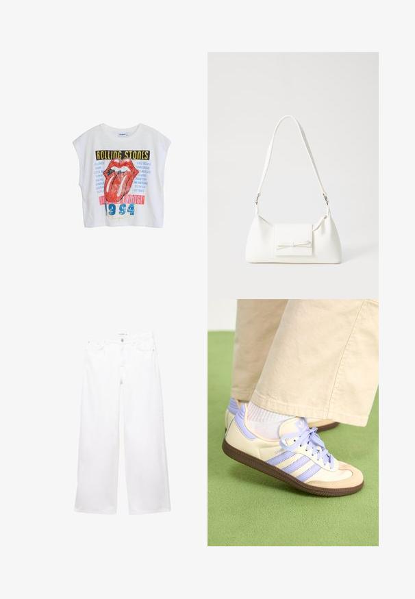 Fehér, rövidített póló a Rolling Stones grafikájával, piros ajkakkal, városnevekkel és kék színű "1994" felirattal, laza szabással és ujjatlan kivágással.; Fehér, bőszárú farmernadrág sima textúrával. Gombbal és cipzárral záródik, két elülső és két hátsó zsebbel rendelkezik.; Krém és levendula színű sportcipők három csíkkal és texturált barna talppal, fűzőkkel és párnázott sarokkal. Puha anyagú felsőrész.; Fehér szintetikus kézitáska, háromszög alakú, lapos előlap, masni részlettel, állítható pánttal, sima textúrával és minimalista dizájnnal.