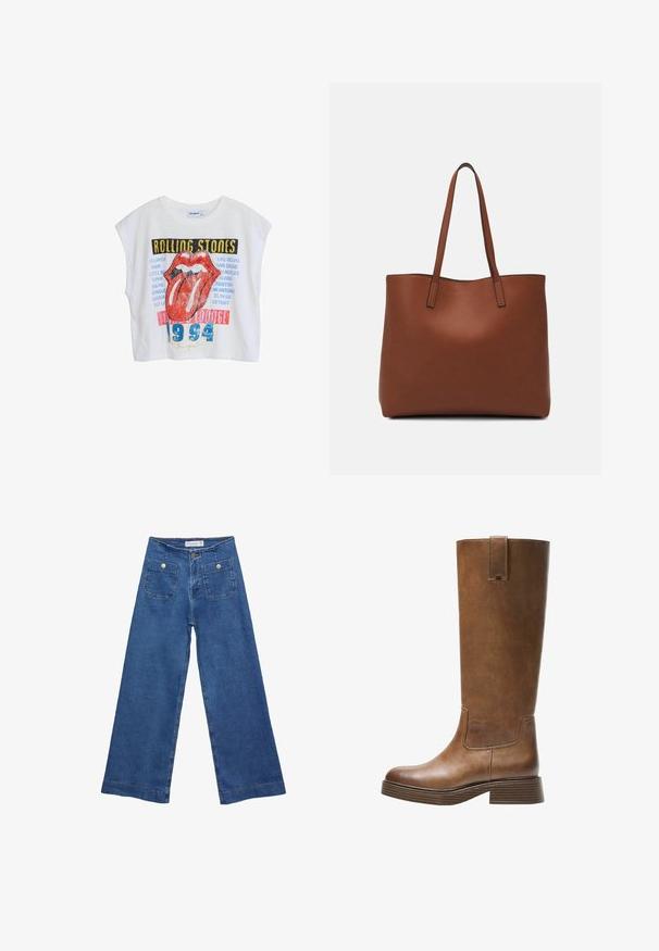 Bijela skraćena majica s grafikom Rolling Stonesa, koja prikazuje crvene usne, nazive gradova i "1994" u plavoj boji, dizajnirana s opuštenim fitom i kratkim rukavima.; Denim široke hlače s medijskom plavom pranju, dva prednja džepa s dugmadi, i šivana dekoracija duž rubova.; Smeđe kožne čizme do koljena s zaobljenim nosom, teksturiranom površinom i niskim debljim potplatom. Imaju bočni panel i povlačnu traku na vrhu.; Smeđa kožna torba preko ramena s glatkom teksturom, otvorenim vrhom i dvjema naramenicama. Ima minimalne šavove i nema vidljivog hardvera.