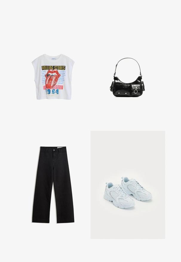 White cropped t-shirt with Rolling Stones graphic, featuring red lips, city names, and "1994" in blue, designed with a relaxed fit and cap sleeves.; Black wide-leg denim pants with a high waist, featuring front and back pockets, stitched seams, and a button closure. Smooth texture.; Light blue athletic shoes with a mesh and synthetic upper, featuring white polka dots and reflective accents, lace-up design, and cushioned soles.; Black patent leather handbag with a curved shape, one shoulder strap, front pockets, and silver-tone hardware accents.