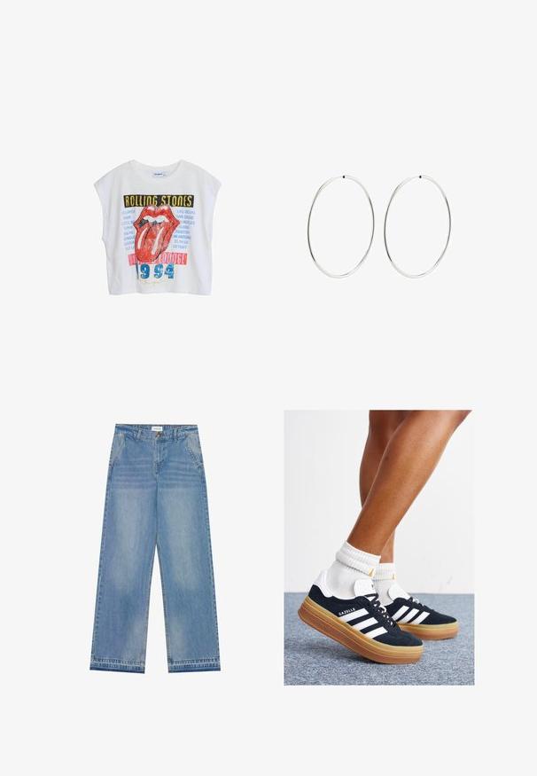 White cropped t-shirt with Rolling Stones graphic, featuring red lips, city names, and "1994" in blue, designed with a relaxed fit and cap sleeves.; Light blue high-waist wide-leg jeans with a button closure, front pockets, belt loops, and subtle faded detailing.; Black suede sneakers with white stripes and accents, rounded toe, gum rubber outsole, paired with white ribbed crew socks.; Silver hoop earrings with a smooth, round design and a polished finish. They are thin and lightweight, featuring a simple clasp closure.
