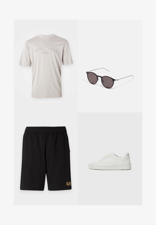 Šviesiai smėlinės spalvos trumpas rankovės marškinėliai, pagaminti iš minkštos medžiagos, su šiek tiek tamsesnės spalvos siuvinėtu "Emporio Armani Milano" logotipu.; Juoda sportinė šortai, pagaminti iš minkštos medžiagos, su elastingu diržu ir maža geltona EA7 logo apatinėje kairėje kojoje.; Balti odiniai sportiniai bateliai su lygia apdaila, apvaliu pirštu, plokščiais raišteliais ir tekstūruotu padu. Pasižymi subtiliu logotipu ant kulno.; Juodos apvalios saulės akinių su tamsiais lęšiais ir plonomis metalinėmis šakomis. Įtraukti skaidrūs šventyklų galai ir sidabriniai akcentai vyrio srityje. Minimalistinis dizainas.
