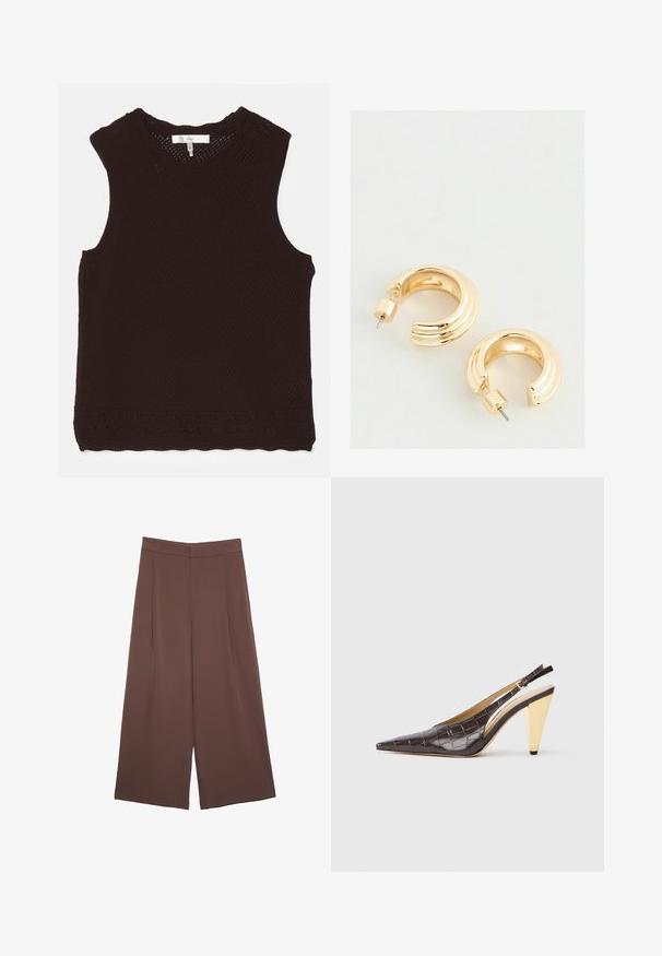 Braunes, ärmelloses Top mit einem strukturierten, offenen Strickdesign und einem gewellten Ausschnitt; verfügt über dekorative Nähte am Saum.; Braune Weite-Leg-Hosen mit einer glatten Textur, hoher Taille und Vorderfalten. Der Stoff ist leicht und fällt locker.; Spitz zulaufender Slingback-Absatzschuh aus glänzendem, dunkelbraunem Kunstcrocodilleder. Verfügt über einen goldfarbenen geometrischen Absatz und einen verstellbaren Knöchelriemen.; Goldfarbene Creolen mit polierter Oberfläche, ausgestattet mit einem geriffelten Design und einem Steckverschluss. Runde, klobige Form.