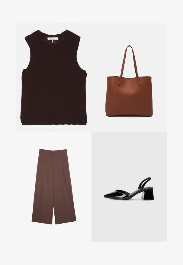 Brown, sleeveless top with a textured, open-knit design and a scalloped neckline; features decorative stitching along the hem.; Brown wide-leg trousers with a smooth texture, featuring a high waist and front pleats. The fabric is lightweight and flows loosely.; Black patent leather slingback heels with a pointed toe and a geometric block heel. Features a sleek, minimal design and smooth texture.; Brown leather tote bag with a smooth texture, open top design, and two shoulder straps. Features minimal stitching and no visible hardware.