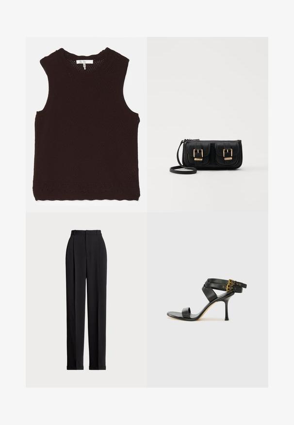 Haut sans manches brun avec un design en maille ouverte texturée et un col en dentelle ; présente des coutures décoratives le long de l'ourlet.; Pantalons noirs ajustés à taille haute, dotés de plis à l'avant, d'une coupe droite et d'un ourlet à revers. Fabriqués en tissu lisse.; Sandale à talons noirs avec des straps croisés et une boucle ajustable. Elle présente une texture lisse et un talon aiguille effilé.; Sac en cuir noir porté en travers avec deux poches avant, boucles dorées, fermeture zippée et une sangle fine. Surface texturée et forme rectangulaire compacte.