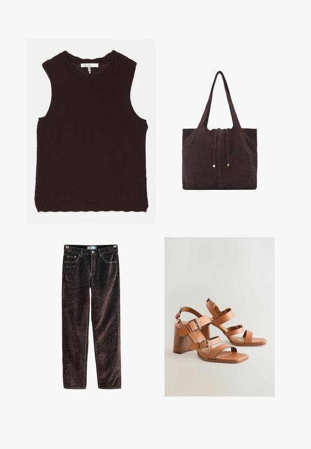 Brązowy, bezrękawnik o textured, siatkowym wzorze i falbaniastym dekolcie; posiada dekoracyjne przeszycia wzdłuż dołu.; Brązowe, proste spodnie z korduroyu z pięcioma kieszeniami, kontrastowym przeszyciem i zapięciem na guzik w talii. Miękka tekstura z prążkowanym wzorem.; Brązowe skórzane sandały na wysokim obcasie z wieloma paskami, złotymi akcentami i skośnym słupkiem. Gładka tekstura, projekt z odkrytą palcą.; Mango - Torba na zakupy