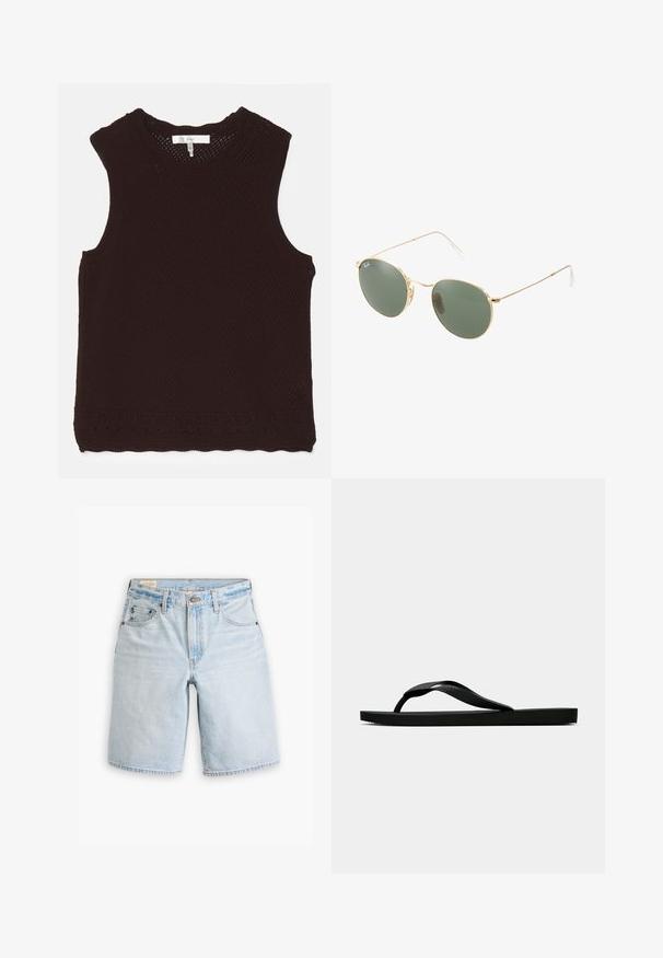 Ruskea, hihaton toppi, jossa on teksturoitu, avoin neulekuvio ja aaltoileva kaula-aukko; ominaisuuksiin kuuluu koristeellinen ommel helman ympärillä.; Vaaleansiniset farkkushortit suoran leikkauksen omaavina, joissa on viisi taskua, vyölenkit ja napitus. Pehmeä materiaali, jossa on haalistuneita kohtia.; Musta kumisaapas sandaali, jossa on teksturoitu thong-hihna ja yksinkertainen litteä pohja, esitetty sivustolta vaalealla taustalla.; Kultaiset metallikehyiset aurinkolasit, joissa on vihreät linssit, pyöreä muoto, ohuet templet ja valkoiset muoviset korostukset varsien päissä.