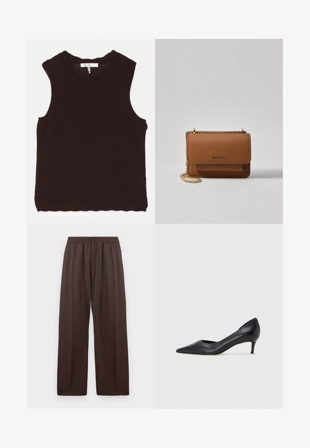 Brown, sleeveless top with a textured, open-knit design and a scalloped neckline; features decorative stitching along the hem.; Brown wide-leg trousers with elastic waistband and subtle front pleats, displayed flat against a white background.; Black leather pump with a pointed toe and low heel. Features a smooth texture and subtle sheen. Open cut at the front for added detail.; Brown textured leather crossbody bag with gold chain strap and flap closure. Front features logo detail and a pocket under the flap.