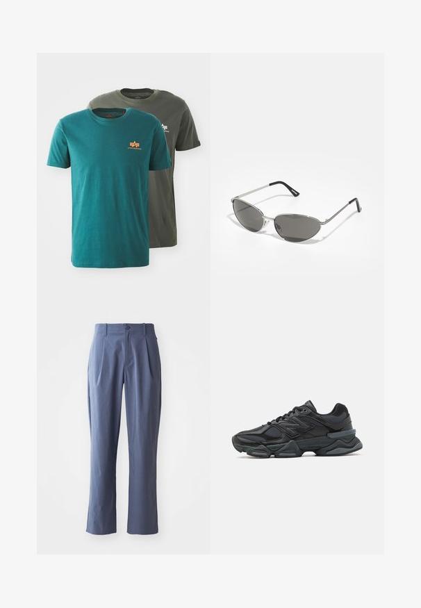 Två kortärmade t-shirts: en i teal med en orange logotyp, en olivgrön med en vit logotyp. Båda har en standard rund halsringning och mjukt tyg.; Marinblå byxor med veck, rak skärning, tillverkade av lättviktig tyg, med en enda framknapp och bältesöglor.; Svart löparsko med en kombination av mesh och syntetiska material, kraftig sula, rundad design och framträdande varumärkning på sidan.; Solglasögon med en elegant, silver metallram, gråtonade linser och en aerodynamisk design med spetsiga kanter och tunna bågar.