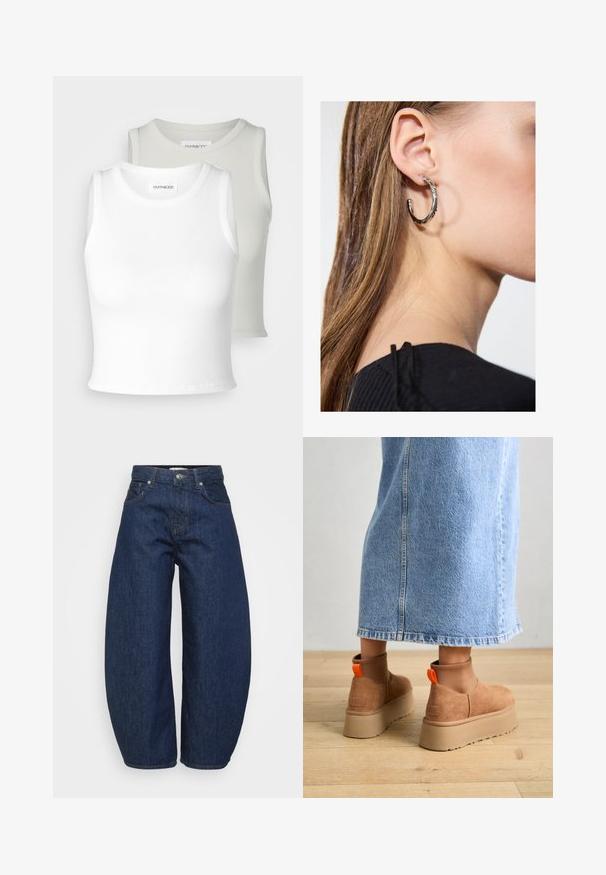 Even&Odd Petite 2 PACK - Top - off-white/beige; Džíny s vysokým pasem, tmavě modré, široké nohavice, zapínání na přední knoflík a zip, a klasický pětikapsový design.; Hnědé semišové platformové boty s elastickými bočními panely a oranžovými poutky, spárované s sukní z jasného denimu ke kolenům na dřevěné podlaze.; Stříbrný kruhový náušník s lesklým povrchem, zdobený malými zlatými akcenty, v kulatém tvaru, nošený na lalůčku.