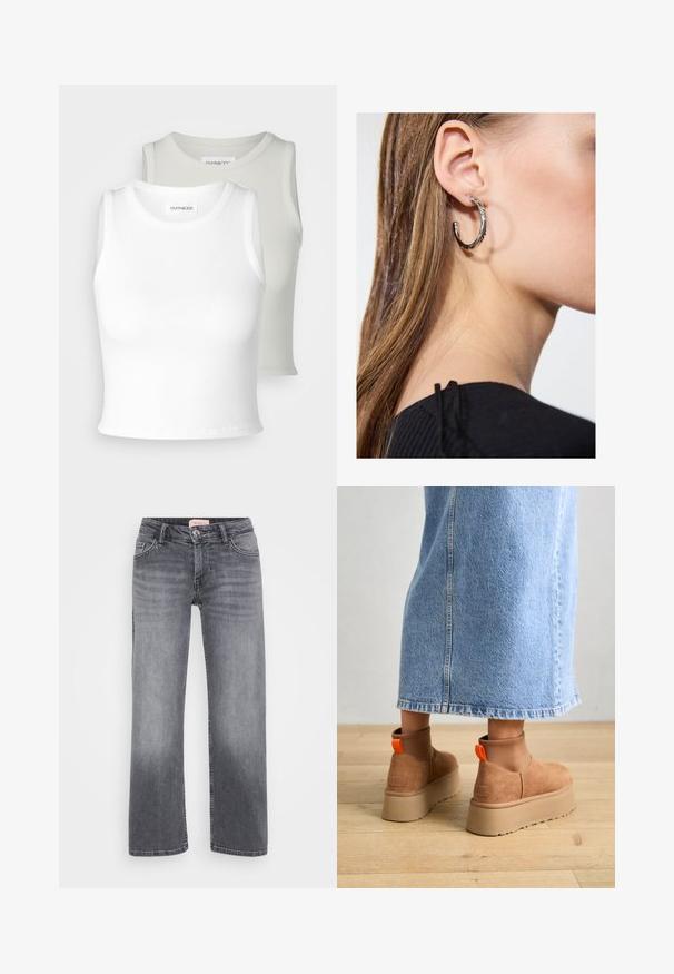 Even&Odd Petite 2 PACK - Topper - off-white/beige; Grå denimjeans med rett ben-design, fem-lomme stil, subtil falming, og knappelukking i midjen.; Brune semska plattformstøvler med elastiske sidepaneler og orange rekkehalser, parret med en knelange lys denimskjørt på et tregulv.; Sølv ringøredob med en polert finish, med små gull detaljer og en rund form, båret på øreflippen.