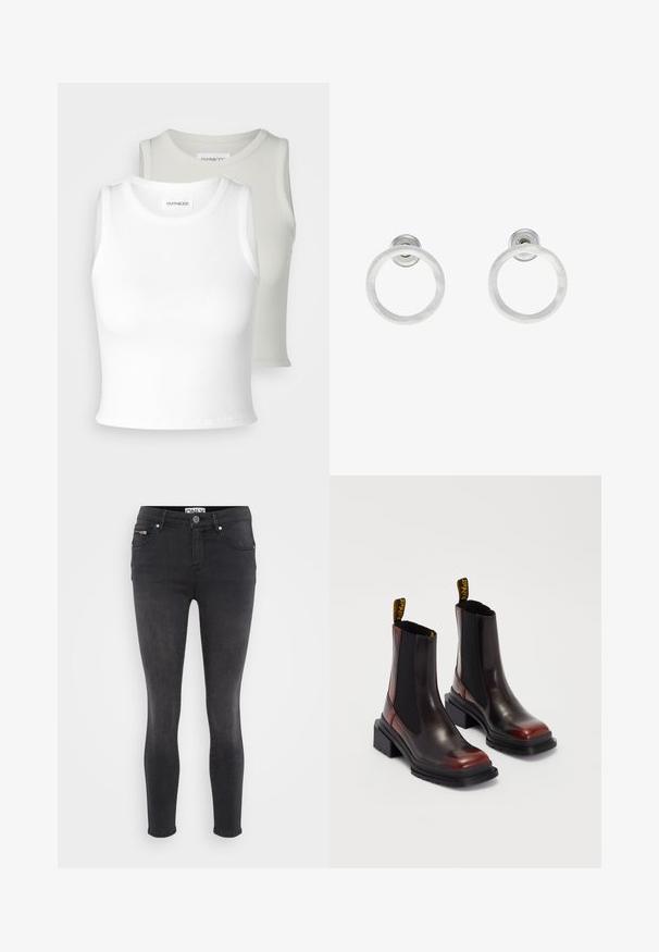 Even&Odd Petite 2 PACK - Toppi - off-white/beige; Mustat kapeat farkut, jotka on valmistettu denimistä. Ominaisuuksiin kuuluu edessä nappikiinnitys ja vetoketjullinen tasku vyötäröllä. Sileä pinta, jossa on vain vähän haalistumista.; Dr. Martens MAYBOLE CHELSEA - Platform-nilkkurit - black/cherry red; Hopeista valmistetut korvakorut, joissa on harjattu pinta, ympyrän muotoinen muotoilu ja kirkas varsi takana, joka takaa turvallisen käytön.