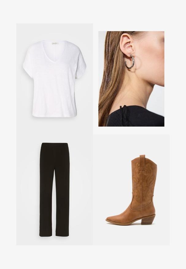 Bela V-majica s kratkimi rokavi, narejena iz lahkotnega blaga. Ima sproščen kroj in subtilno teksturo po celotni površini.; Črne hlače straight-leg iz tkanine, z ravnim sprednjim delom, dvema stranskima žepoma in gladko teksturo. Brez vidnih vzorcev ali dodatkov.; Rjavi usnjeni kauboj čevlji s koničastim nosom, vezenimi vijugastimi vzorci na zgornjem delu in zloženim kvadratnim peto. Imajo zanko za enostavno obuvanje.; Srebrna obročasta uhana s polirano površino, ki vključuje majhne zlate poudarke in okroglo obliko, nošena na ušesnem lobu.