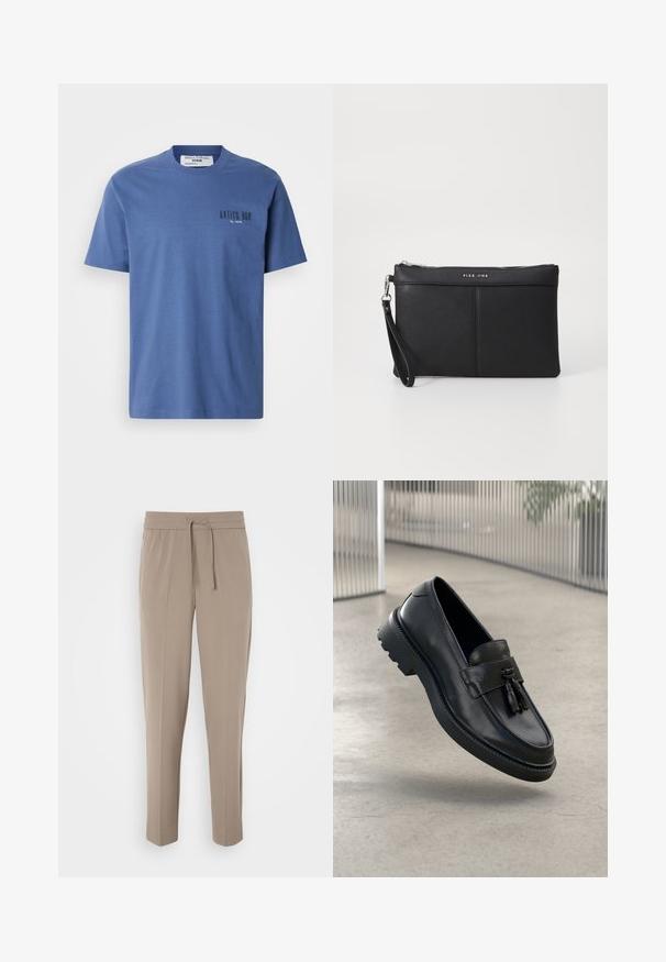 Sininen puuvillapaita, jossa on klassinen pyöreä kaula-aukko. Vasemmassa rinnassa on musta tekstiprintti "ANTICO BAR". Lyhyet hihat, rento malli.; Harmaat vaaleat housut, joissa on joustava vyötärö, säädettävä nyöri ja kapeat lahkeet. Kangas näyttää sileältä ja siinä on hienoinen kiilto.; Mustat nahkaiset loafersit, joissa on sileä pinta, koristeellinen hapsu, paksu kumipohja ja ommellut yksityiskohdat. Kevyt ja virtaviivainen muotoilu.; Mustat synteettiset hihnataskut, joissa on vetoketjukiinnitys, ranneunos ja sileä pinta. Sisältää hienovaraisia ompeleita ja kohokuvioidun logon etupuolella.