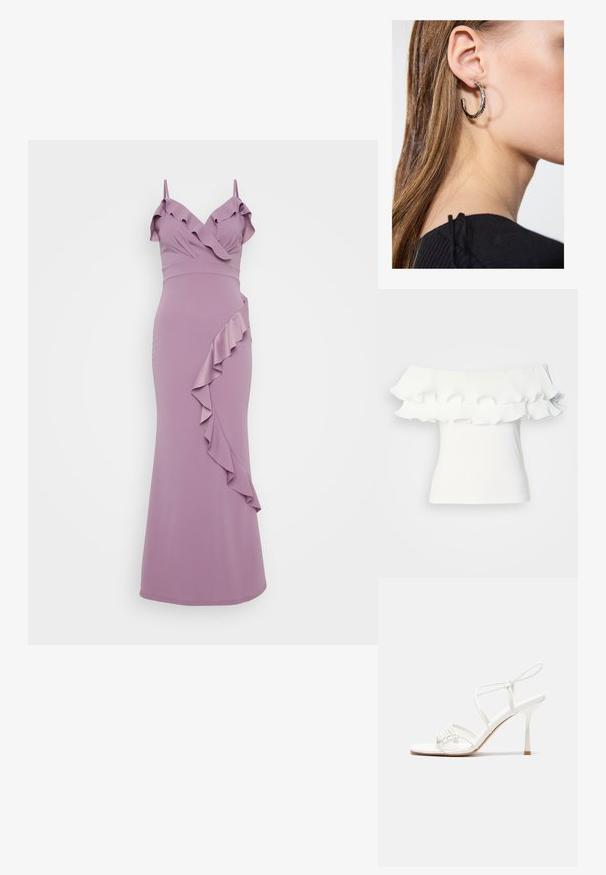 Hvit off-shoulder topp med plisserte volanger i halsen, glatt tekstur og tettsittende snitt, egnet for hverdagsbruk.; Lilla kjole med spaghetti-stropper, med rynkete halslinning og en diagonalt rynkedesign langs siden. Glatt, tettsittende silhuett.; Hvit stroppesandale med høy hæl og flatt tåfeste, teksturert front med rynkede detaljer, og en smal ankelreim.; Gull metallisk clutch-veske med en glatt tekstur, som har en trekantet klaffelukking. Hånden som holder den har pent manikyrte negler.; Sølv ringøredob med en polert finish, med små gull detaljer og en rund form, båret på øreflippen.