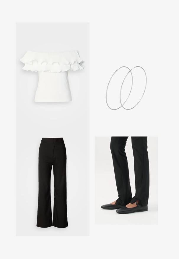 Biele off-the-shoulder top s plisovaným volánom na výstrihu, hladkou textúrou a priliehavým strihom, vhodný na každodenné nosenie.; Čierne široké nohavice s hladkou textúrou, vysokým pásom a jednoduchým dizajnom. Žiadne viditeľné vrecká ani ozdoby.; Čierne kožené baletky s špicatou špičkou, remienkom so striebornou prackou, skombinované s čiernymi strihovými nohavicami so rozparkom na leme.; Strieborné kruhové náušnice s minimalistickým dizajnom. Cirkulárny tvar, hladký povrch a tenký profil. Ľahké s lesklým povrchom.