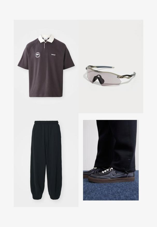 Tmavošedé polo tričko s bielym golierom, vyšívaným logom na hrudi a krátkymi raglánovými rukávmi. Vyrobené z mäkkého materiálu.; Čierne tepláky s elastickým pásom, vo voľnom strihu, s manžetami na členkoch, hladkej textúry a bez viditeľných vzorov alebo kovových doplnkov.; Nike Sportswear KILLSHOT 2 LTR PRM OPP2 - Tenisky - black sail baroque brown mtlc dk grey; Slnko okuliare s priesvitným šedým rámom, tónovanými šošovkami a ostrým dizajnom. Majú charakteristický nosník a štruktúrované tmavosivé bočné ramená.