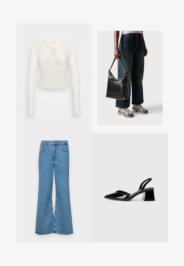 Sweater branco de manga longa com decote redondo, tecido texturizado, fecho frontal com laço e bainha rendada com pequenos padrões florais.; Jeans de brim azuis claros, com corte à boca de sino, apresentando uma cintura alta, cinco bolsos e um fecho de botão único. Textura macia com acabamento desbotado.; Sandy em verniz preto com salto slingback, ponta afilada e salto geométrico. Apresenta um design elegante e minimalista com textura suave.; Bolsa de ombro em couro preto com textura suave e alça ajustável, combinada com jeans de perna larga desbotados e ténis desportivos.
